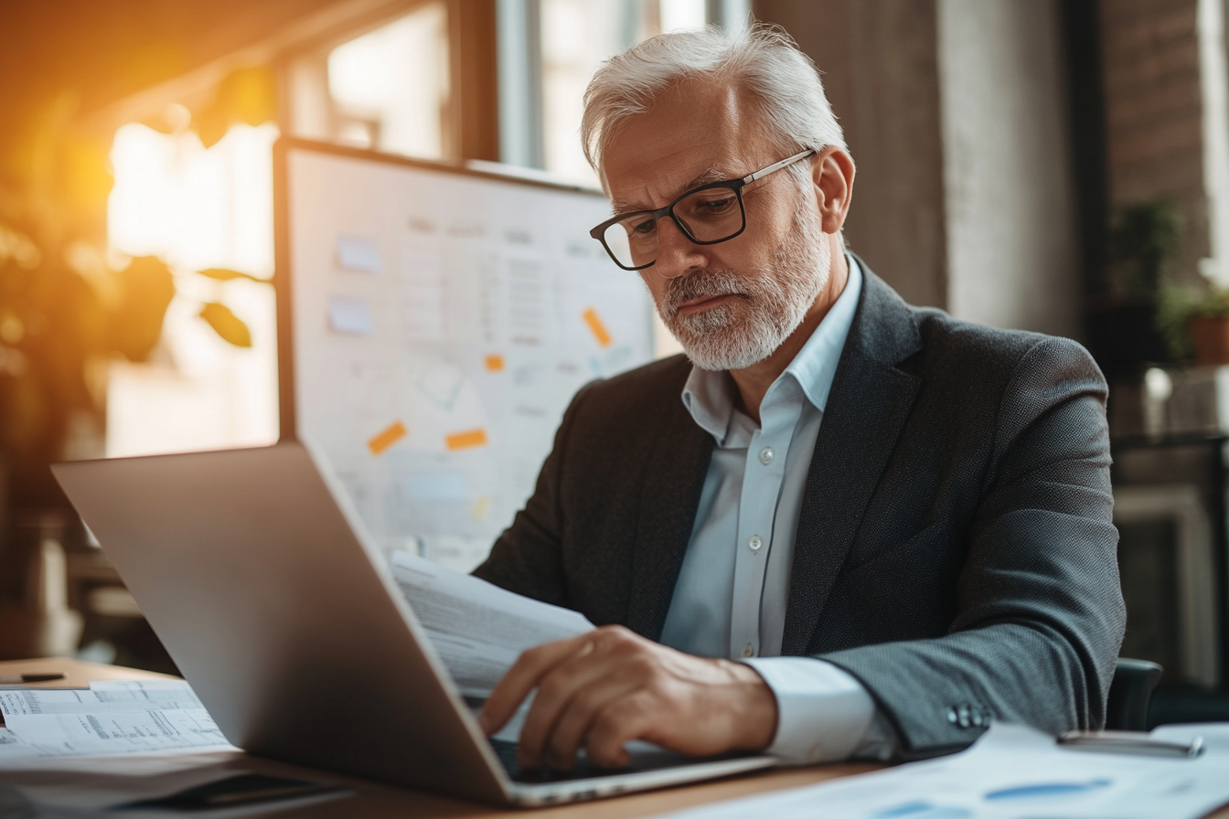 Mature businessman working on laptop