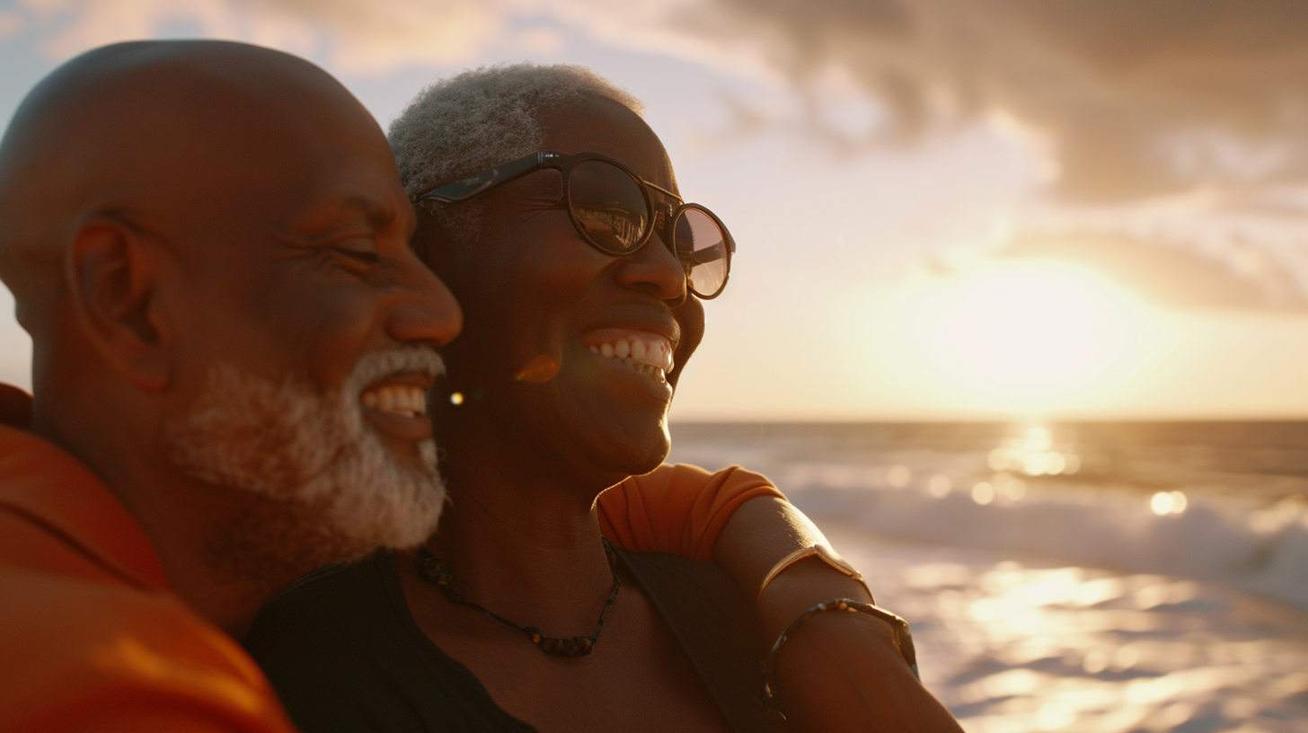 Smiling Mature Senior Black Woman White Man Couple on Beach