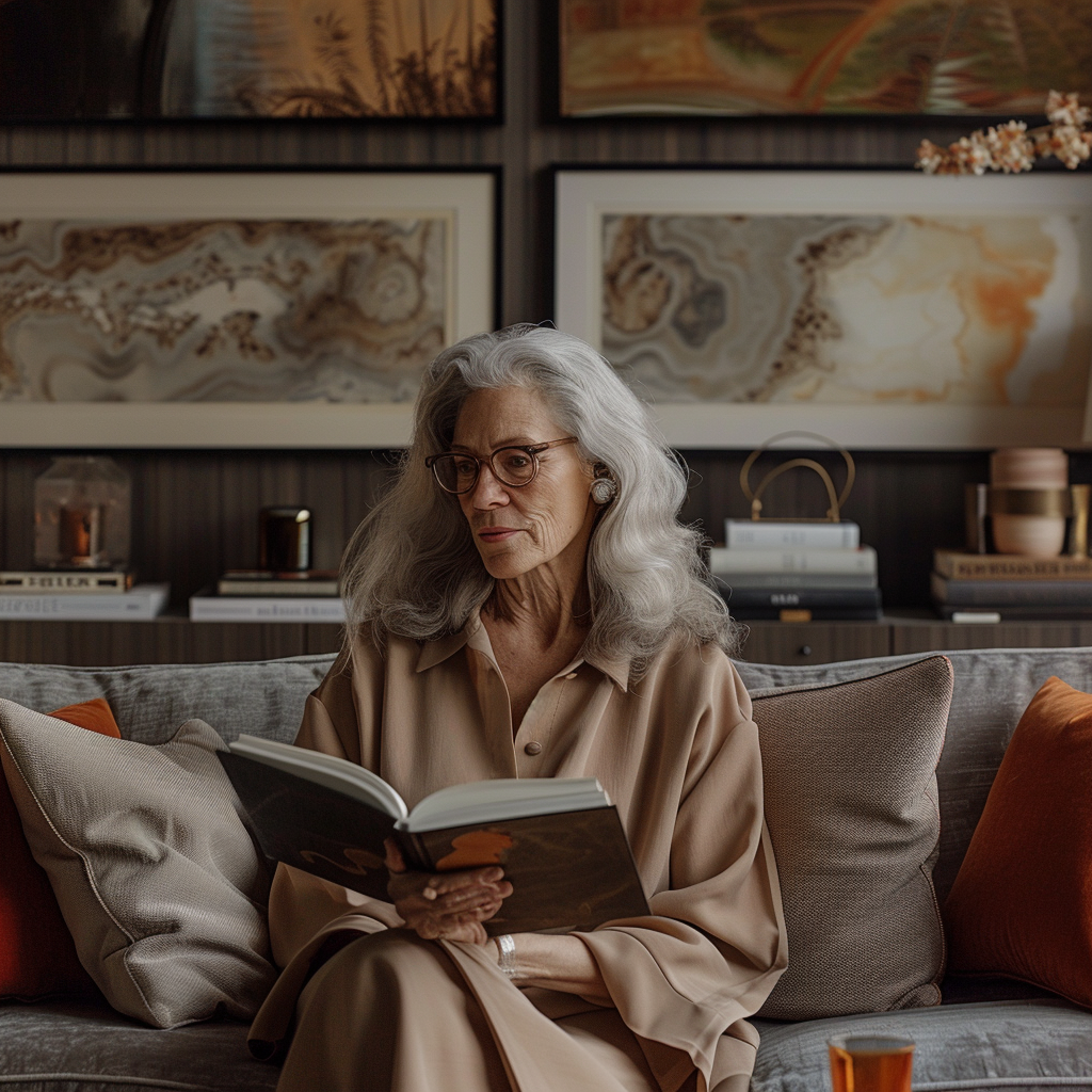 woman reading book in living room