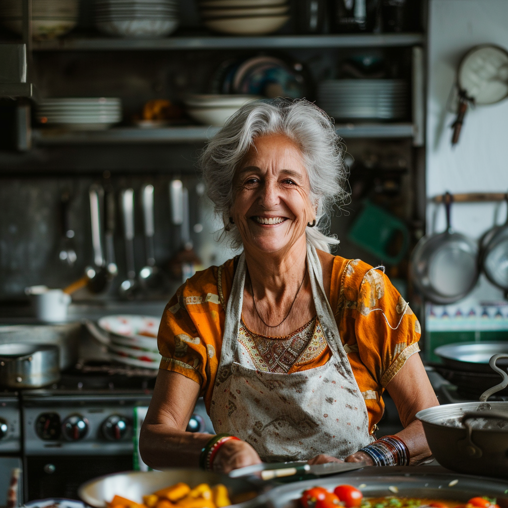 Mature woman in kitchen smiling