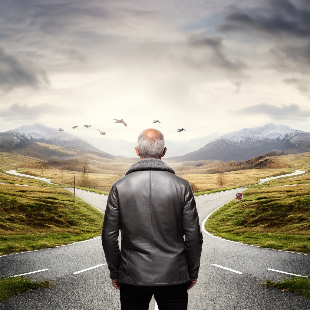 Mature man contemplating landscape between two roads