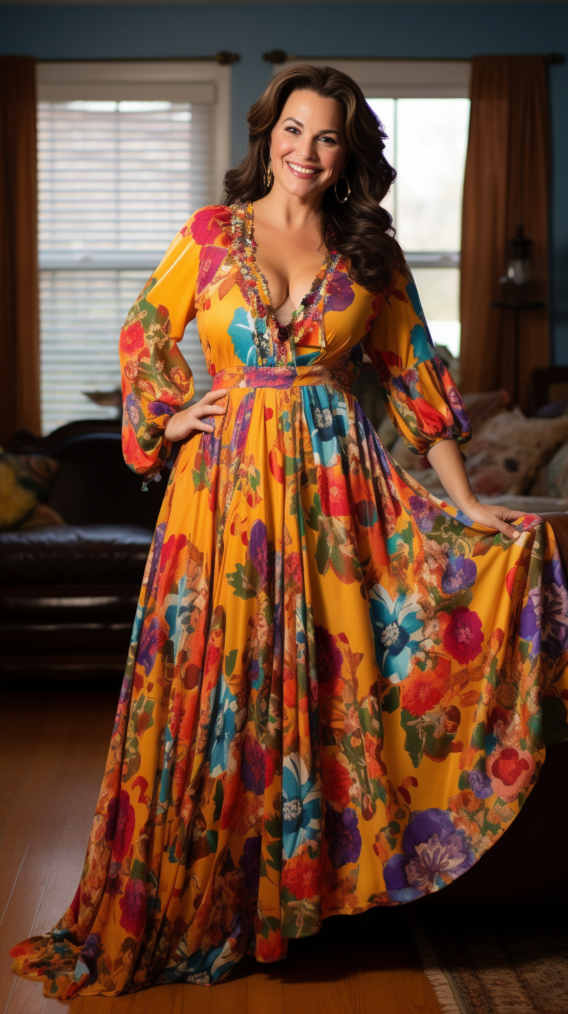 Mature woman in colorful frock posing playfully