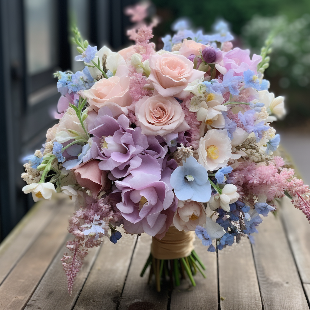 Mauve wedding bouquet with light blue delphinium