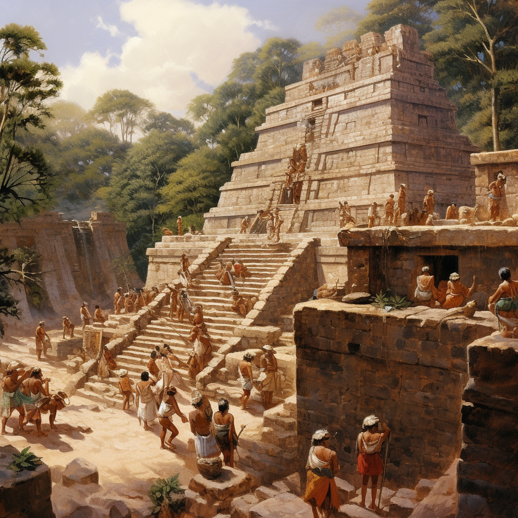 Mayan Indians observing Mayan temple steps