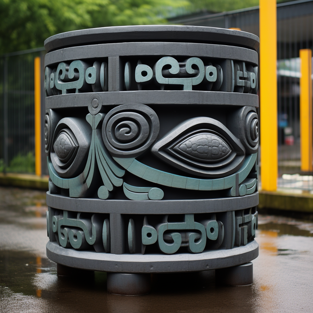 Mayan-inspired rainwater container fence