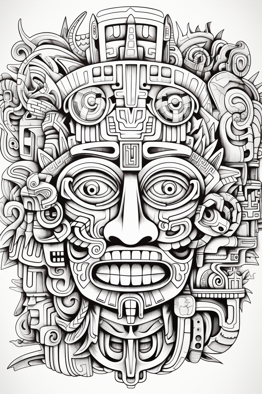 Woodcut of Mayan shamans with feathered serpent