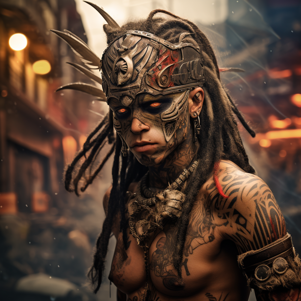 Tribal tattoos adorn post-apocalyptic Mayan warrior