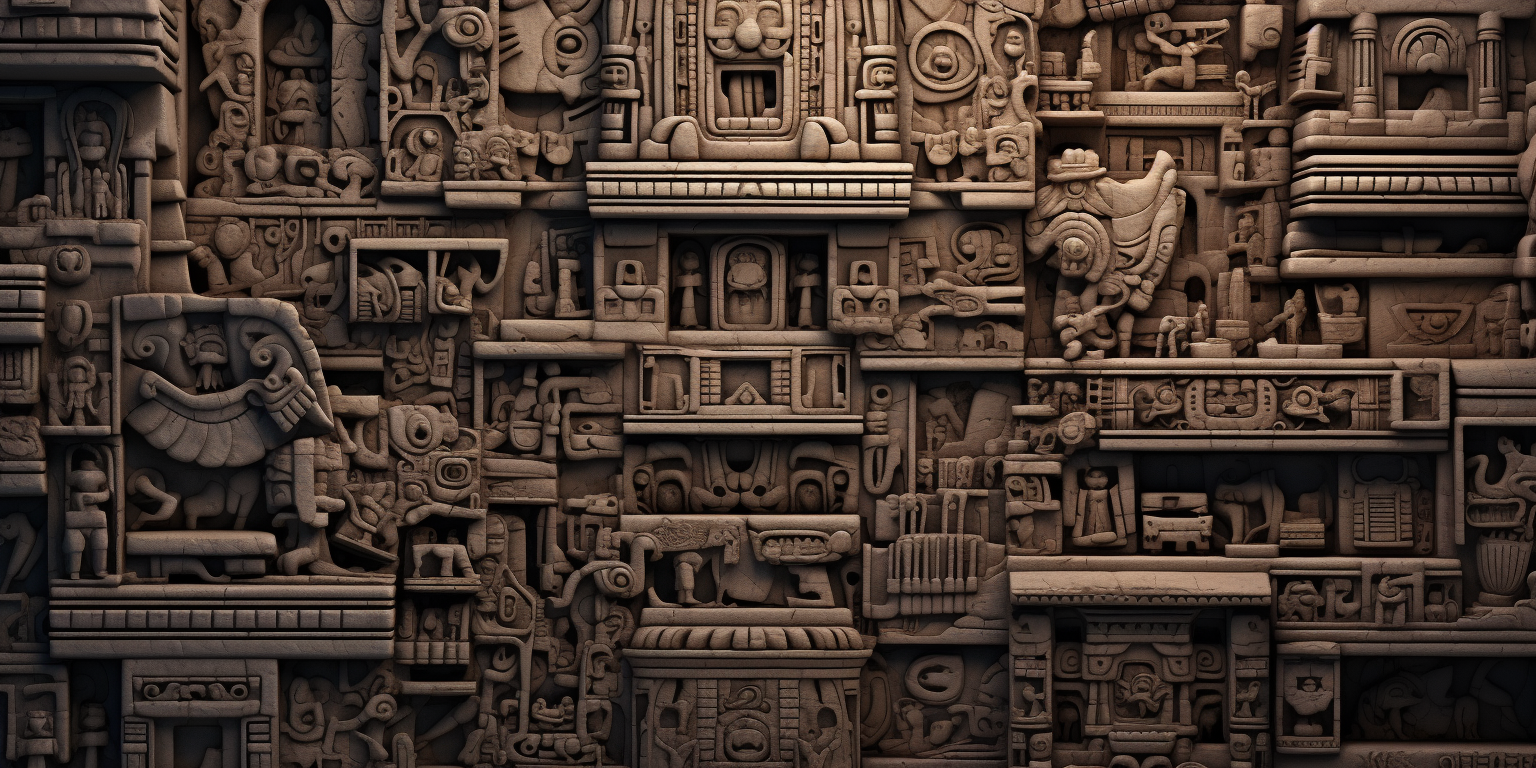 Intricate Mayan architecture carvings on rock trim sheet