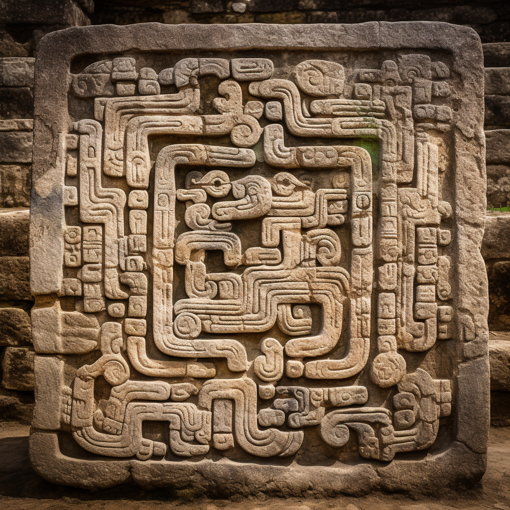 Mayan snake hieroglyph in stone with geometric patterns