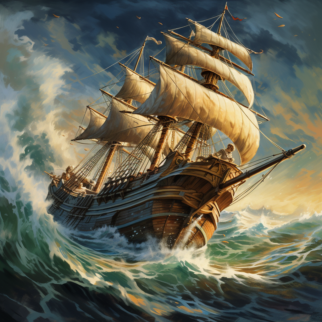 Illustration of Mayflower ship in storm