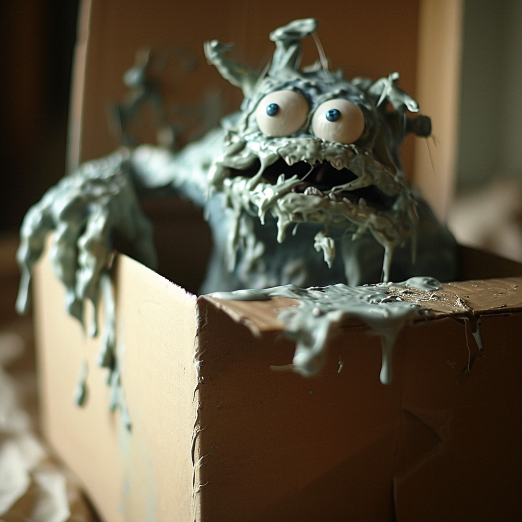 Mayo monster emerging from cardboard box