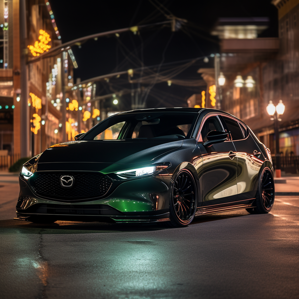 Satin Black Mazda 3 with Custom Body Kit and Green LED Accent Lights