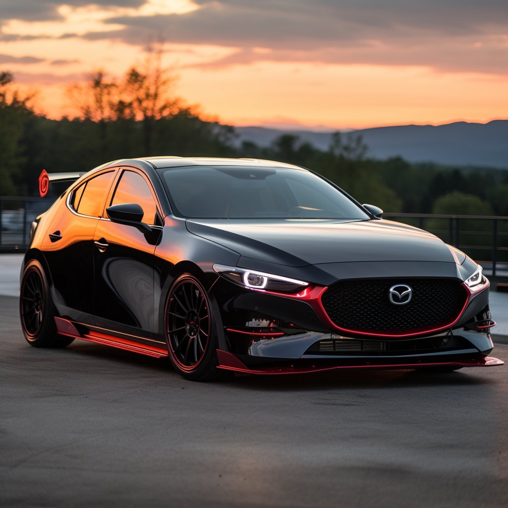 Satin black Mazda 3 hatchback racing