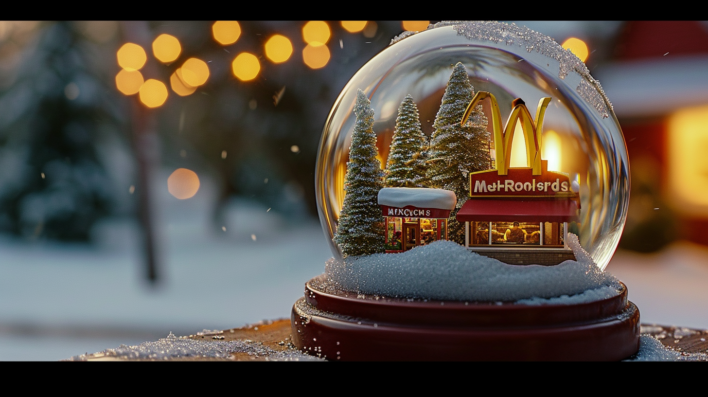 McDonald's Restaurant Snow Globe with Symmetry and Cinematic Trees