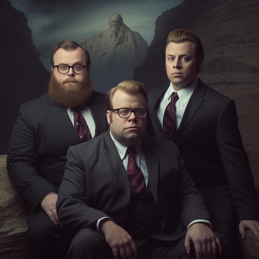 Photorealistic image of McElroy brothers and their dad at Mount Rushmore