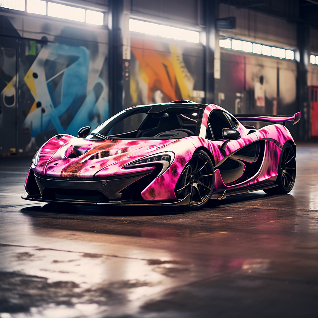 McLaren P1 parked in vibrant graffiti parking lot