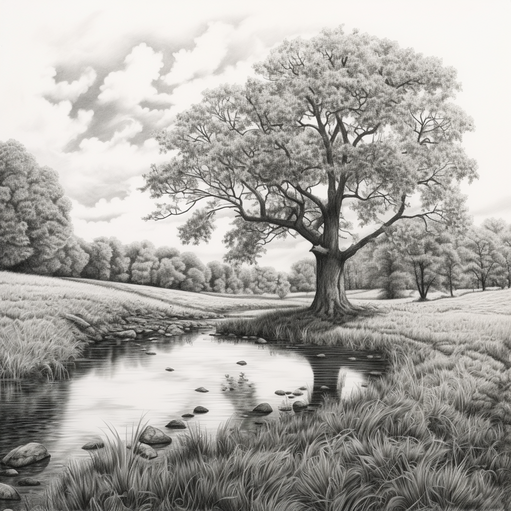 Pencil drawing of a serene meadow with a pond and oak tree