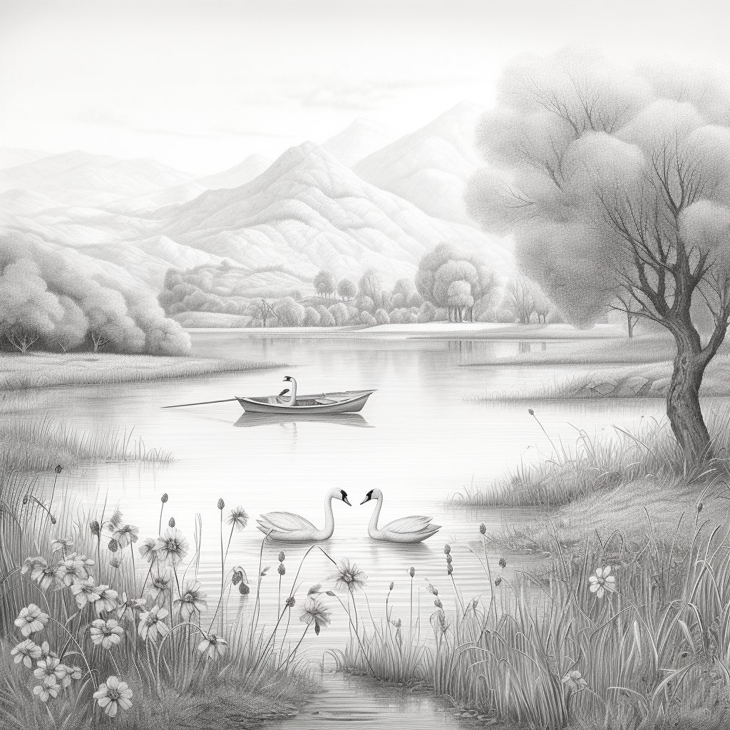 Pencil drawing of a serene meadow with a pond and oak tree