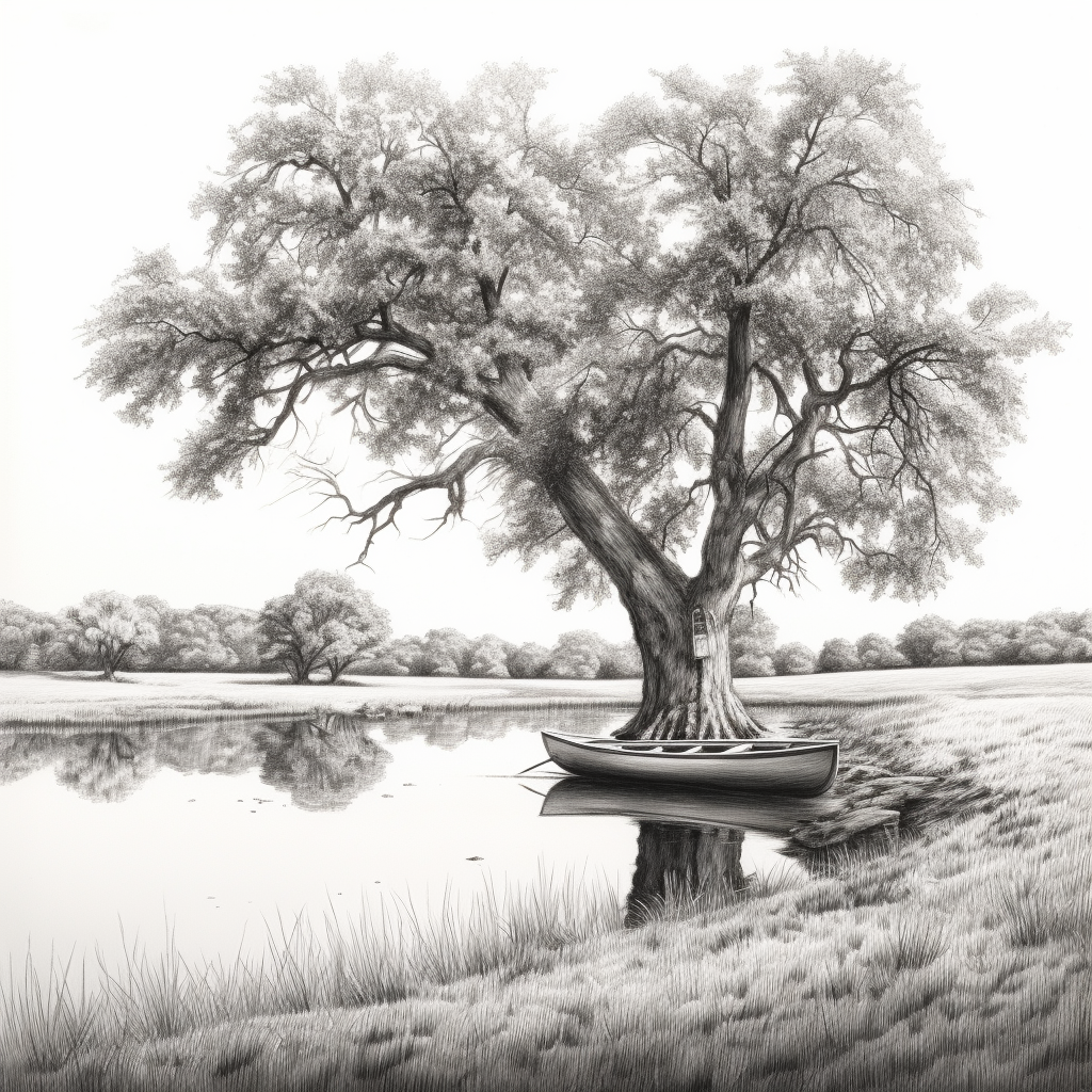 Serene scene of meadow, pond, rowboat, and oak tree