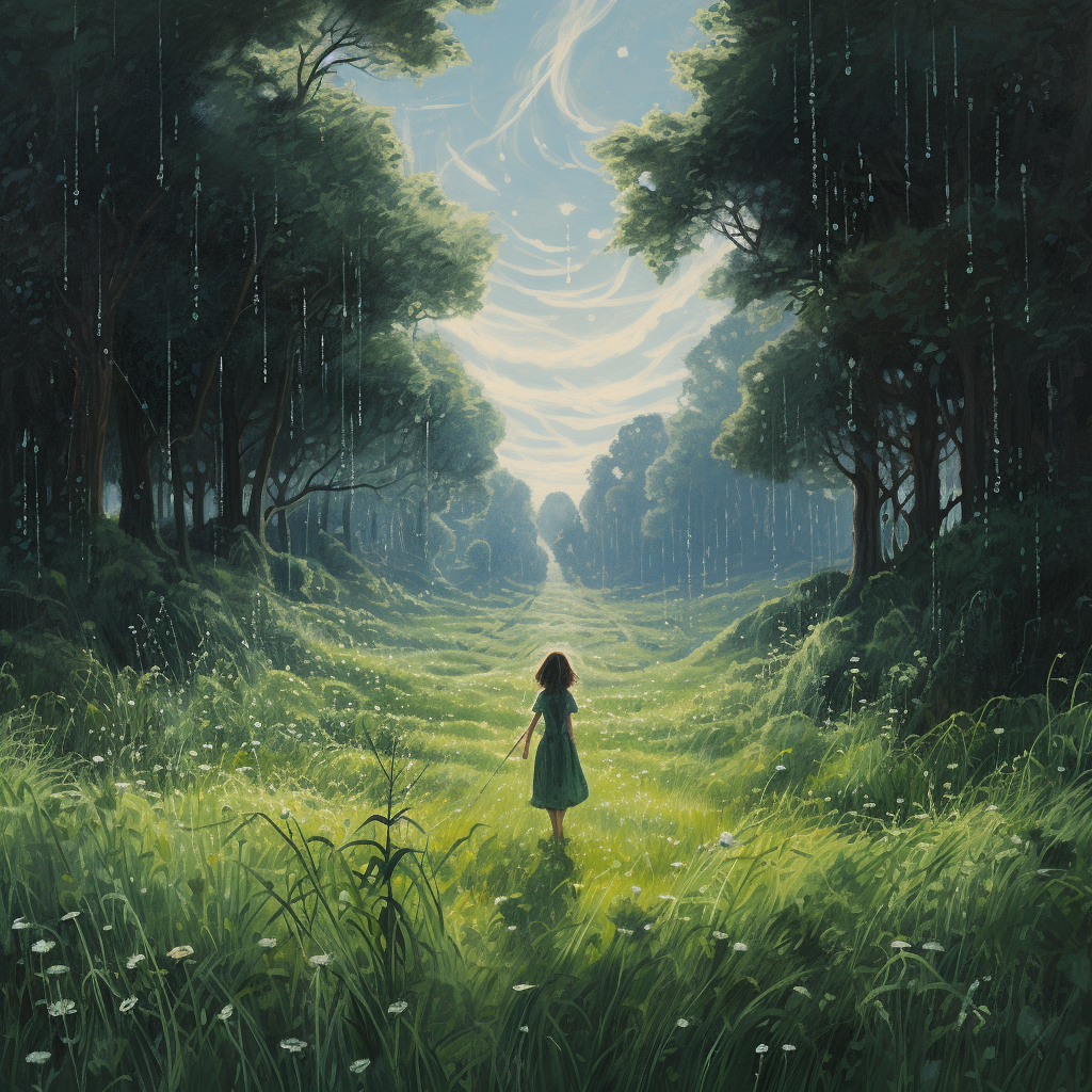 Girl playing in enchanting giant grass meadow