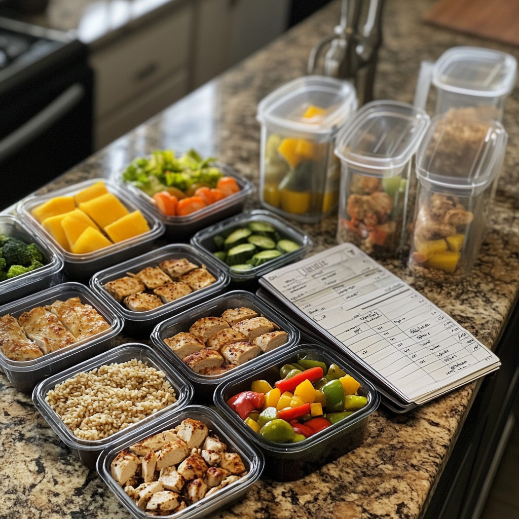 meal prep containers with chicken, rice, veggies, fruit. Meal planner.