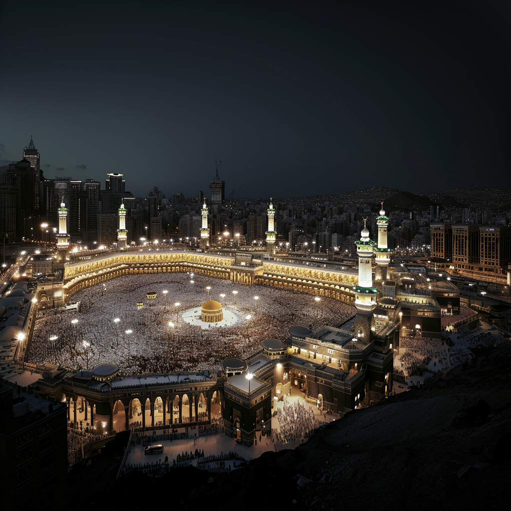 Mecca Pilgrims Praying at Night