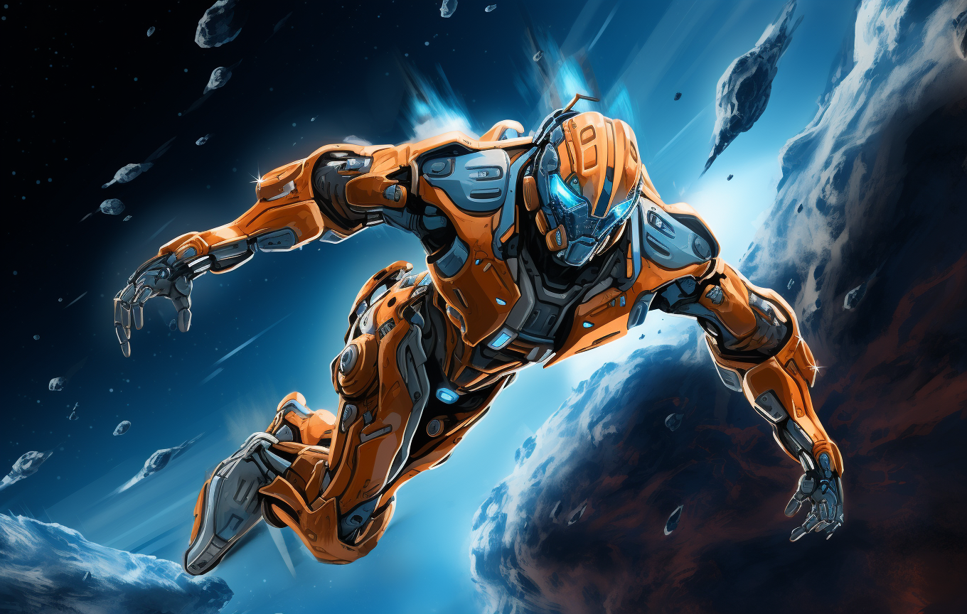 Orange and Blue Mech Flying in Space