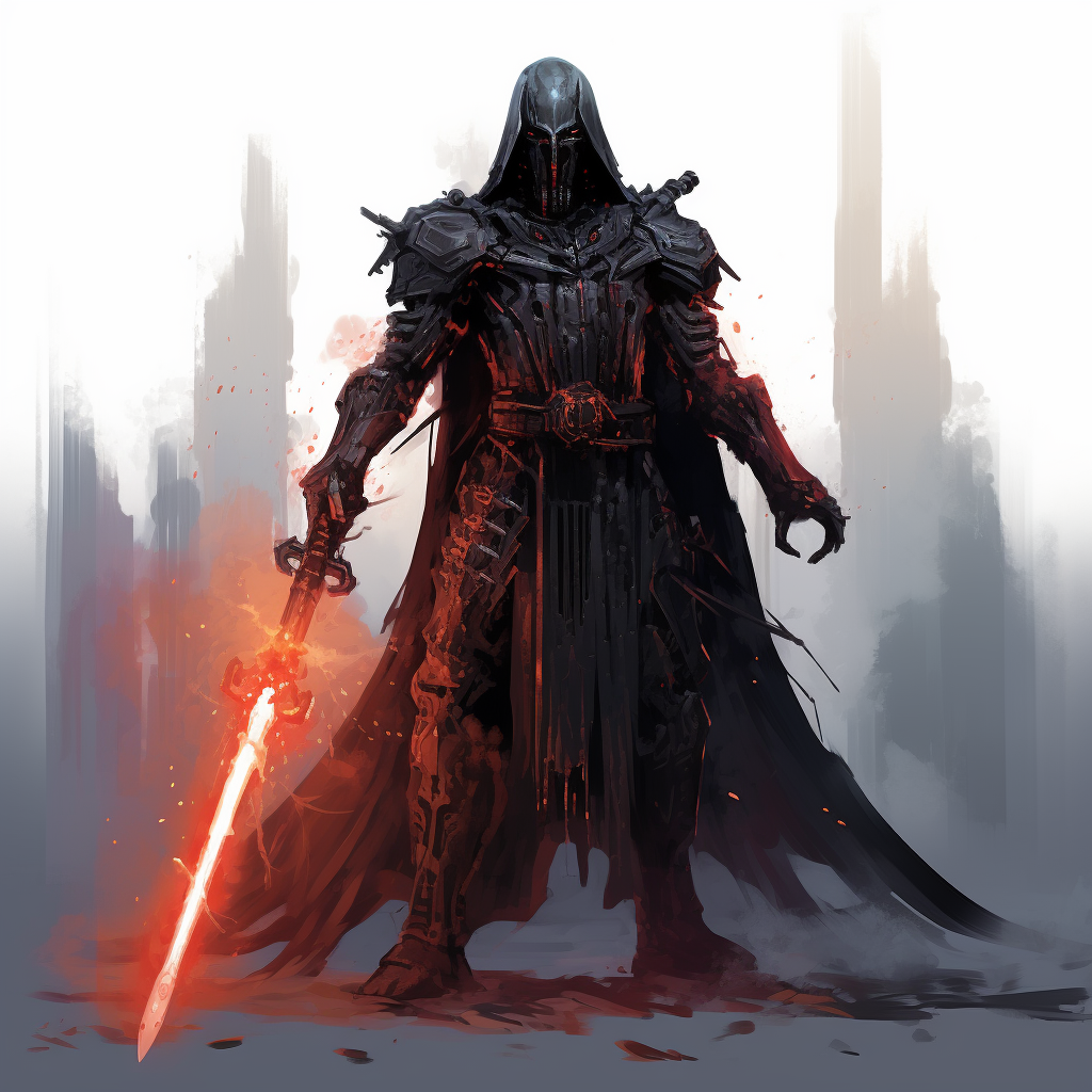 Tall lanky mech character with energy blade in Darth Vader shape