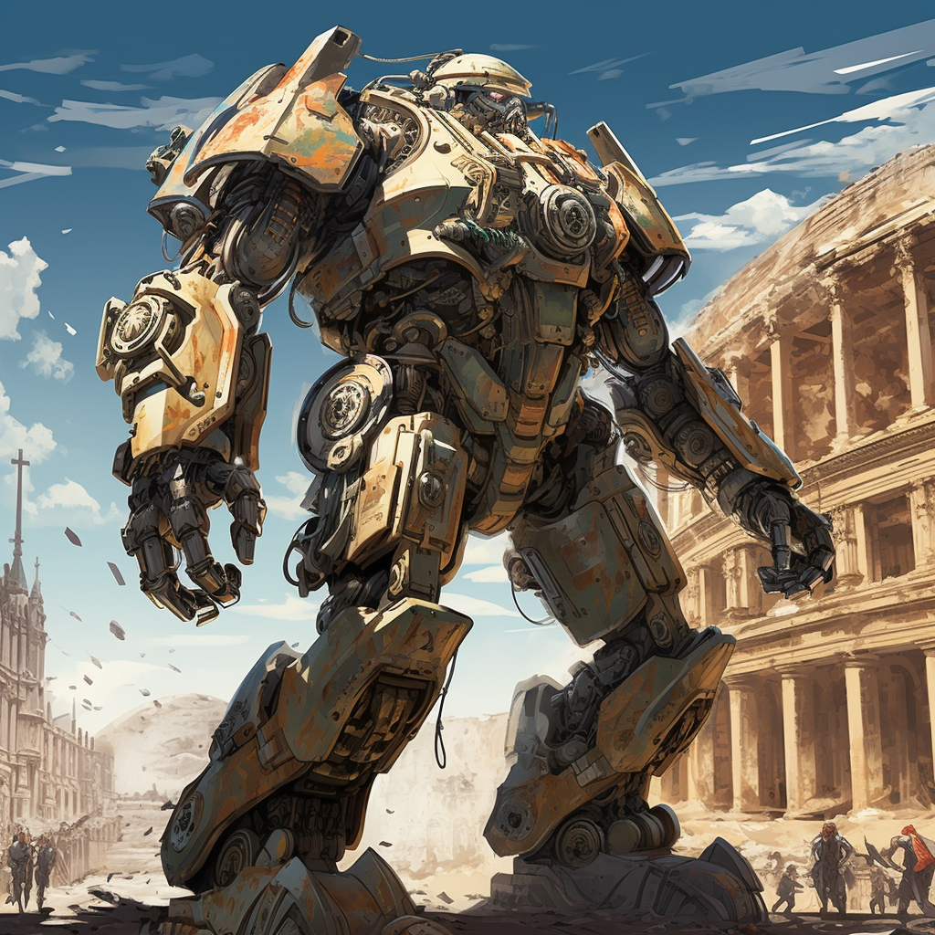 Mech Warrior near Colosseum anime style