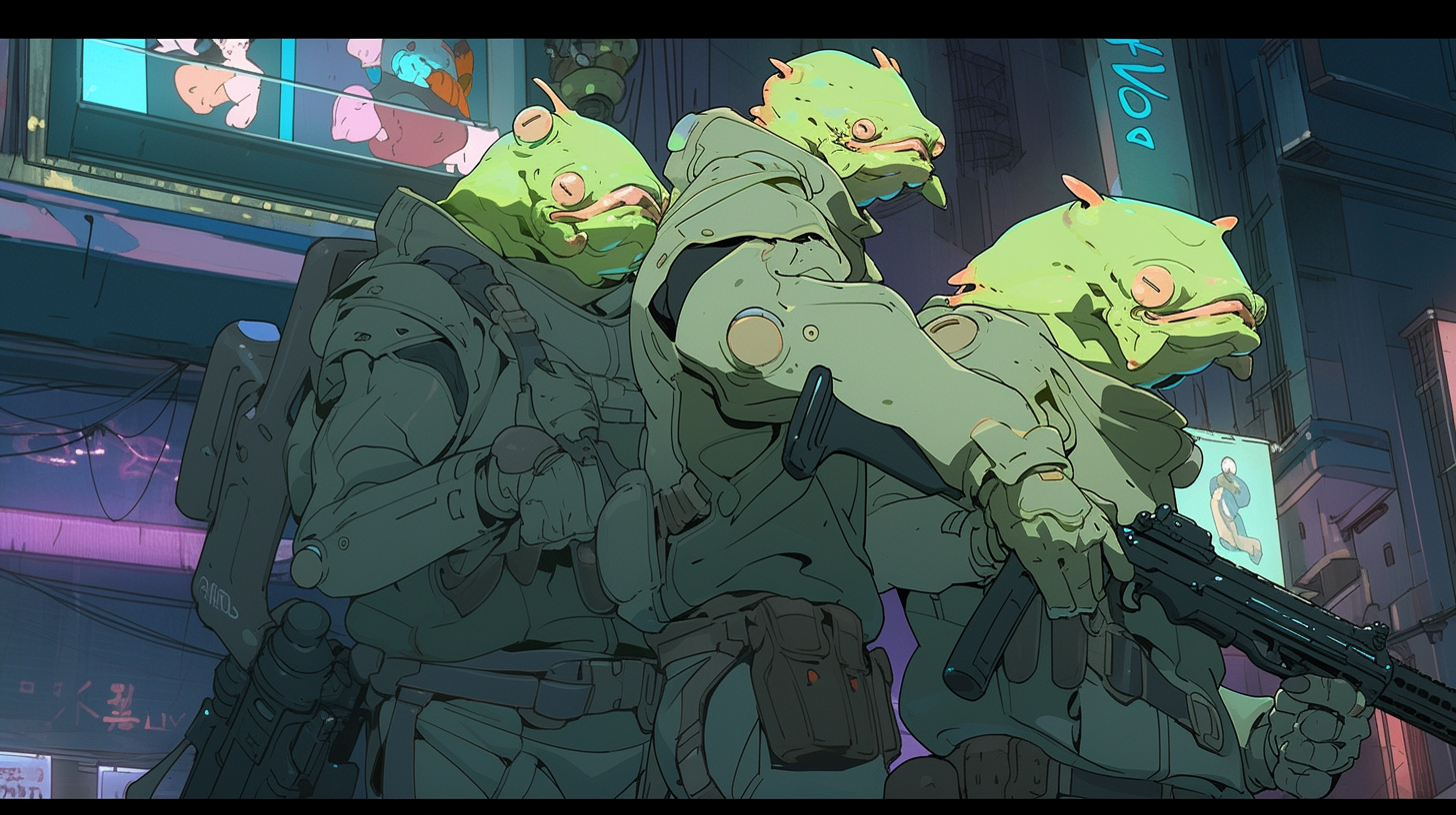 Three Mecha frogs with futuristic weapons at Times Square