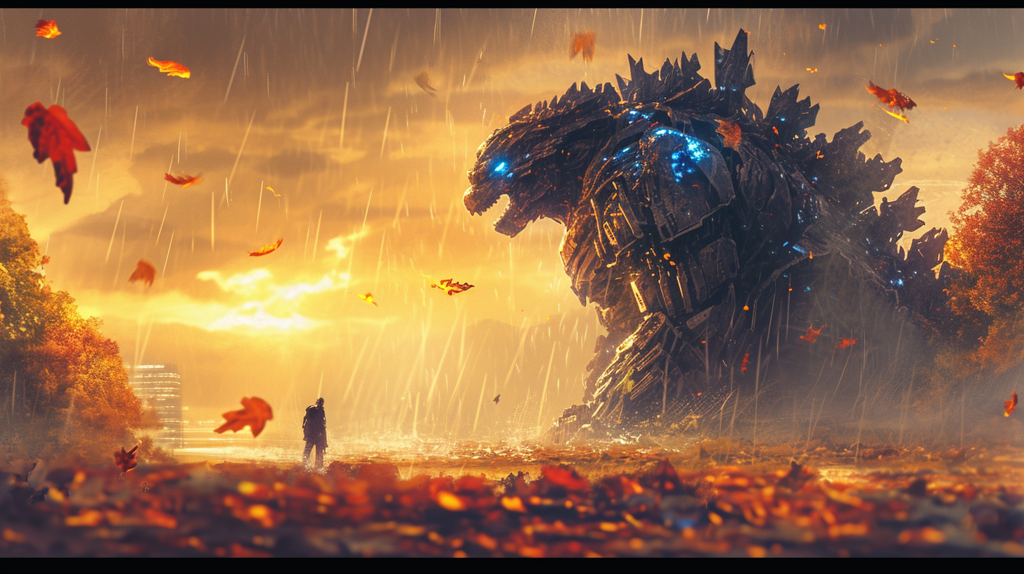 Mecha Godzilla and Optimus Prime in Romantic Fall Setting