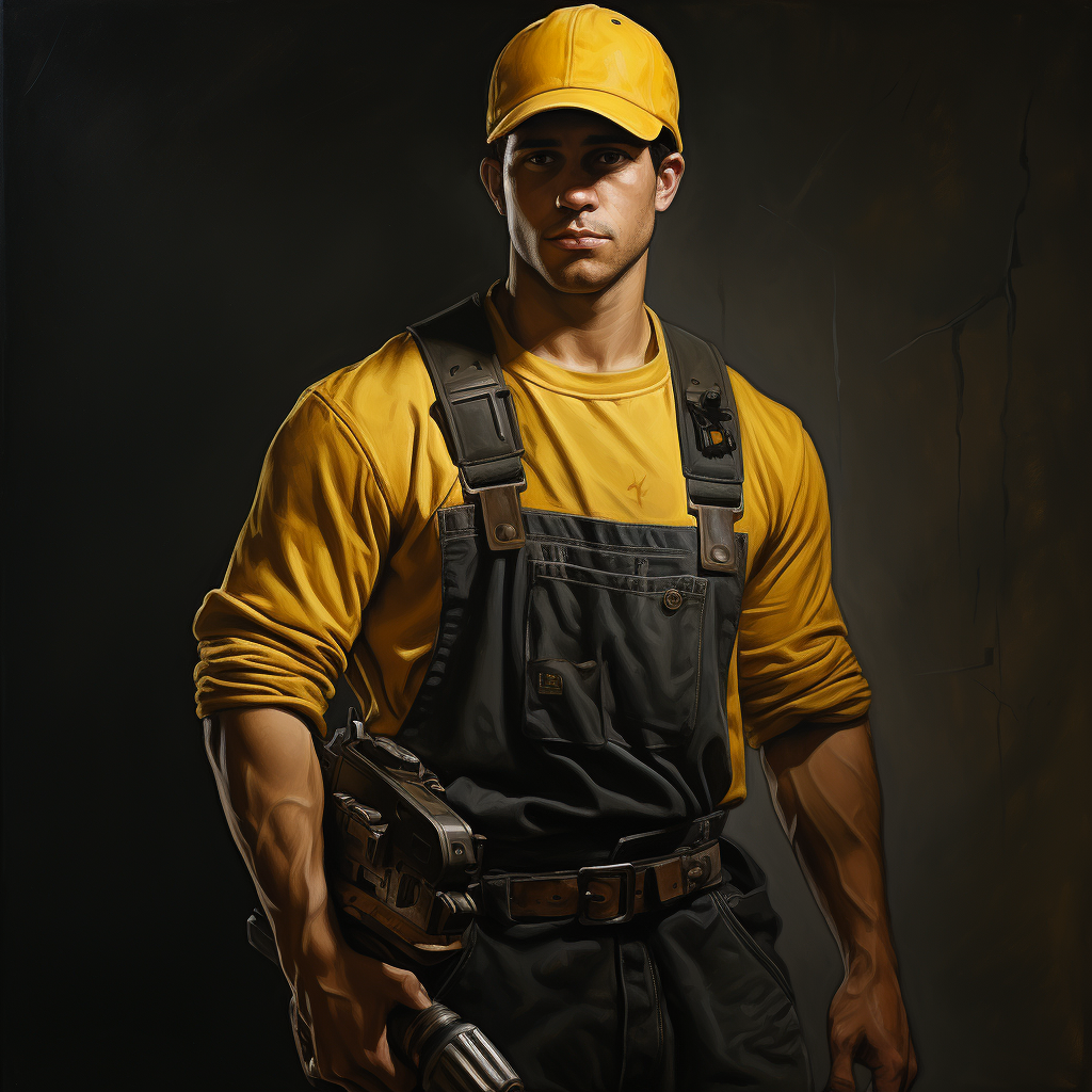 Mechanic Holding Pistol in Grey Dungarees