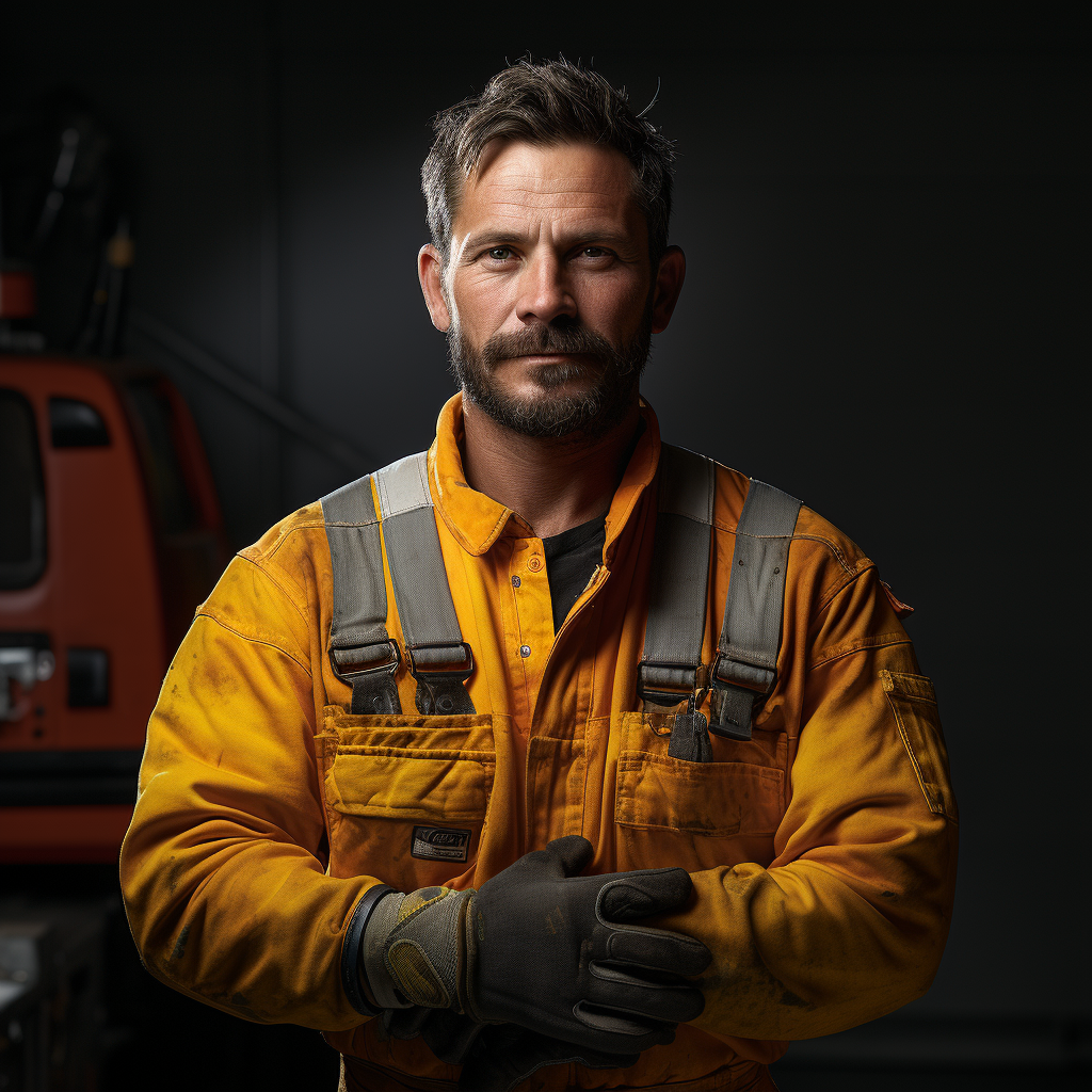 Mechanic Pointing Yellow Shirt Grey Dungarees