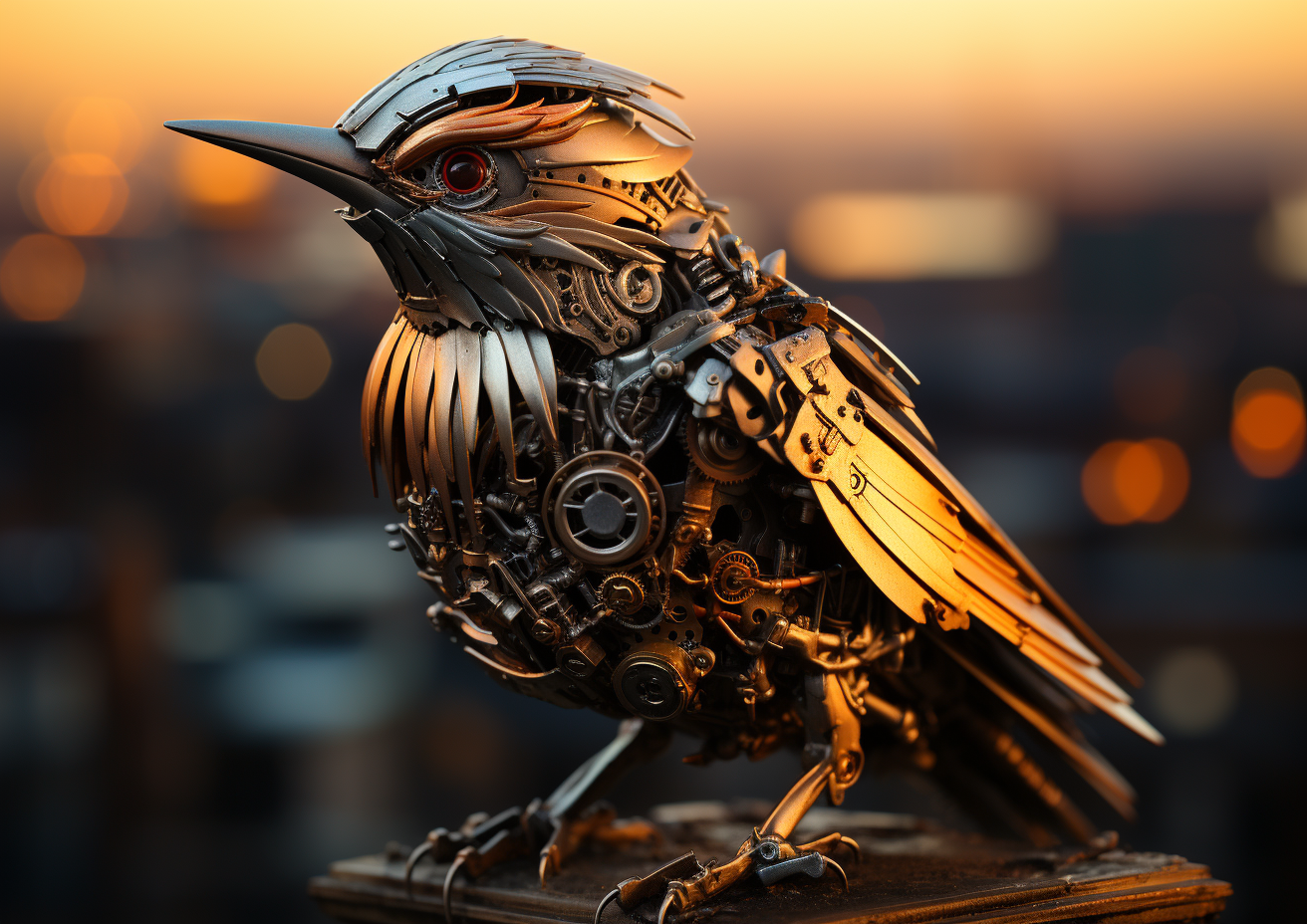 Mechanical bird catching a worm in futuristic world