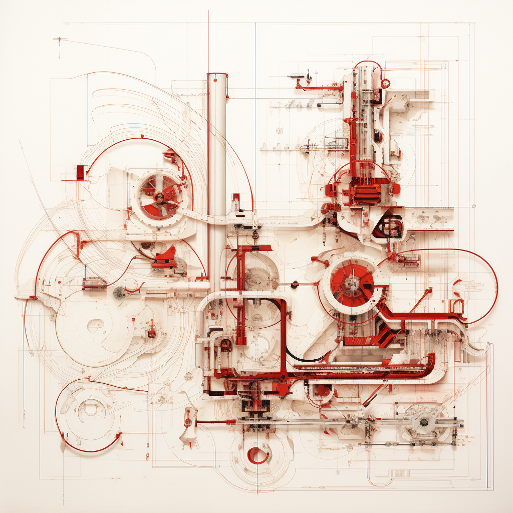 White mechanical machines with red lines