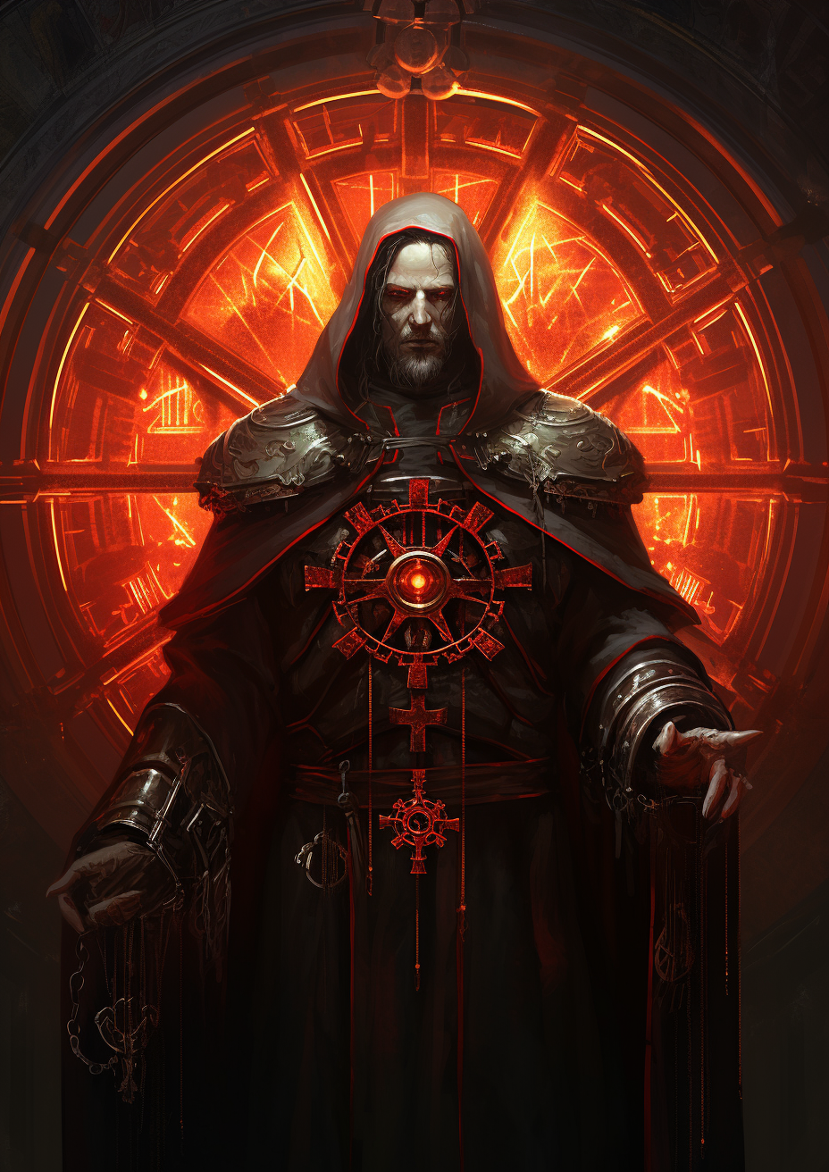 Techno-priest with Toothed Wheel in Red Tunic