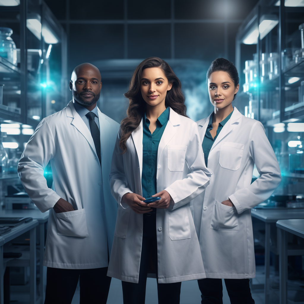 Three medical lab scientists excitedly discussing DNA research