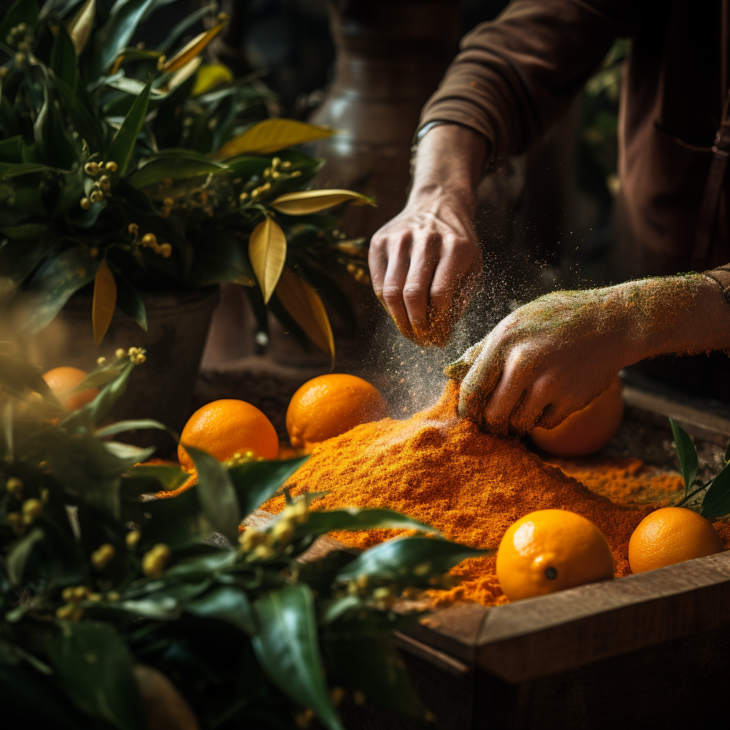 Medicinal plants being processed into orange powder