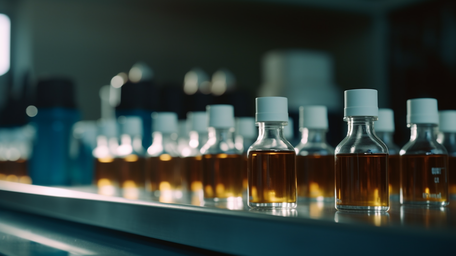 Medicine bottles lined up in clean room