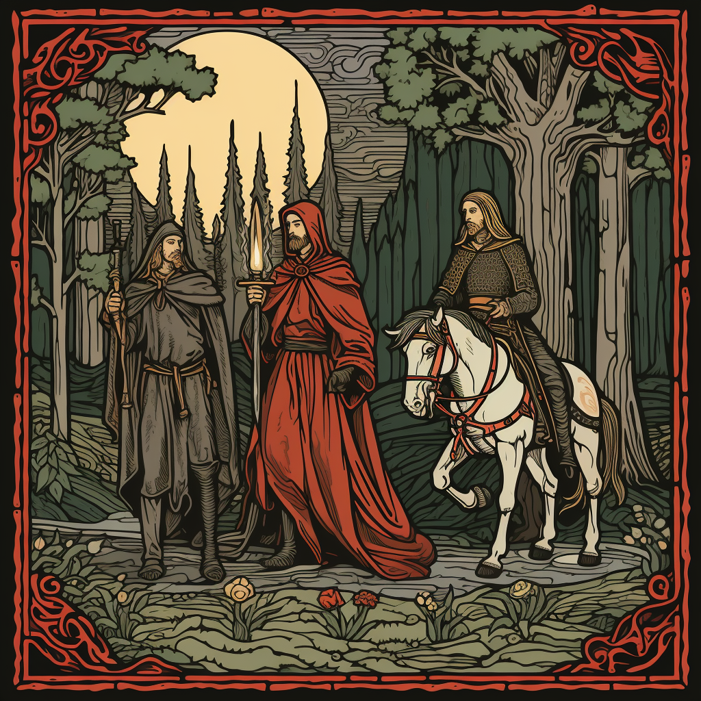 Lost medieval adventurers in woodcut style