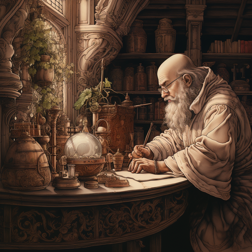 Alchemist working in his medieval library