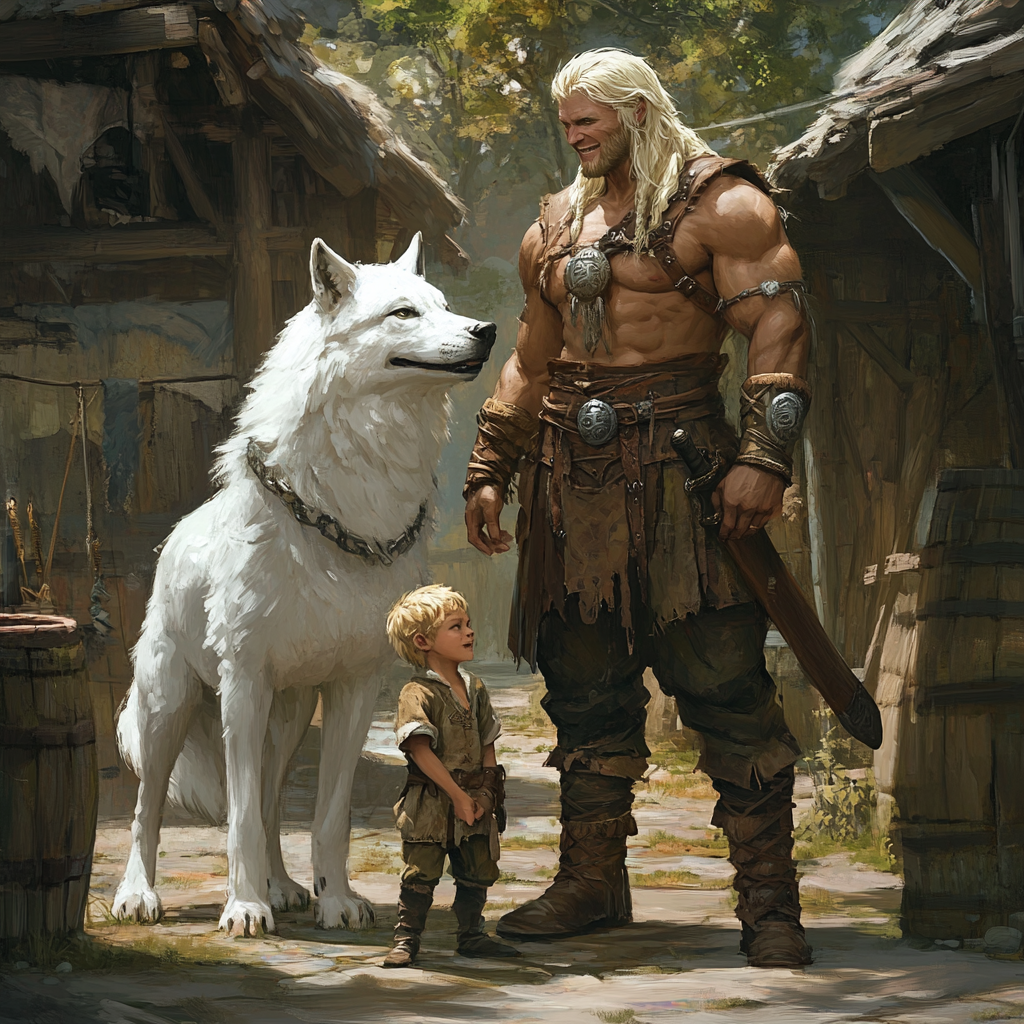 Medieval Barbarian Man with White Wolf