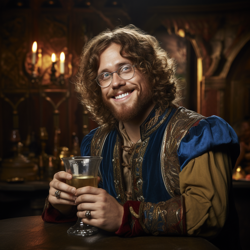 T.J. Miller as medieval bartender with glasses