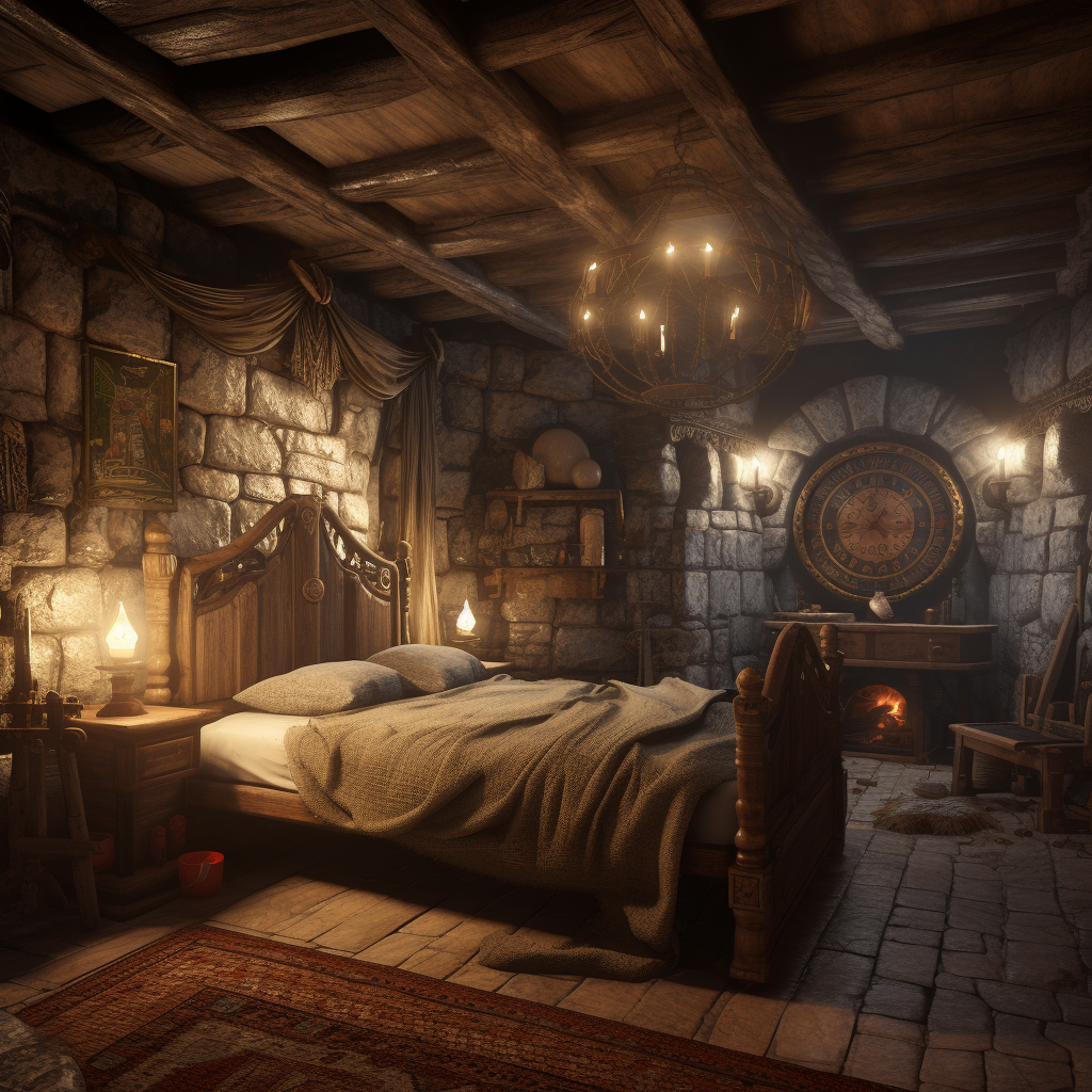 Cozy medieval basement bedroom interior