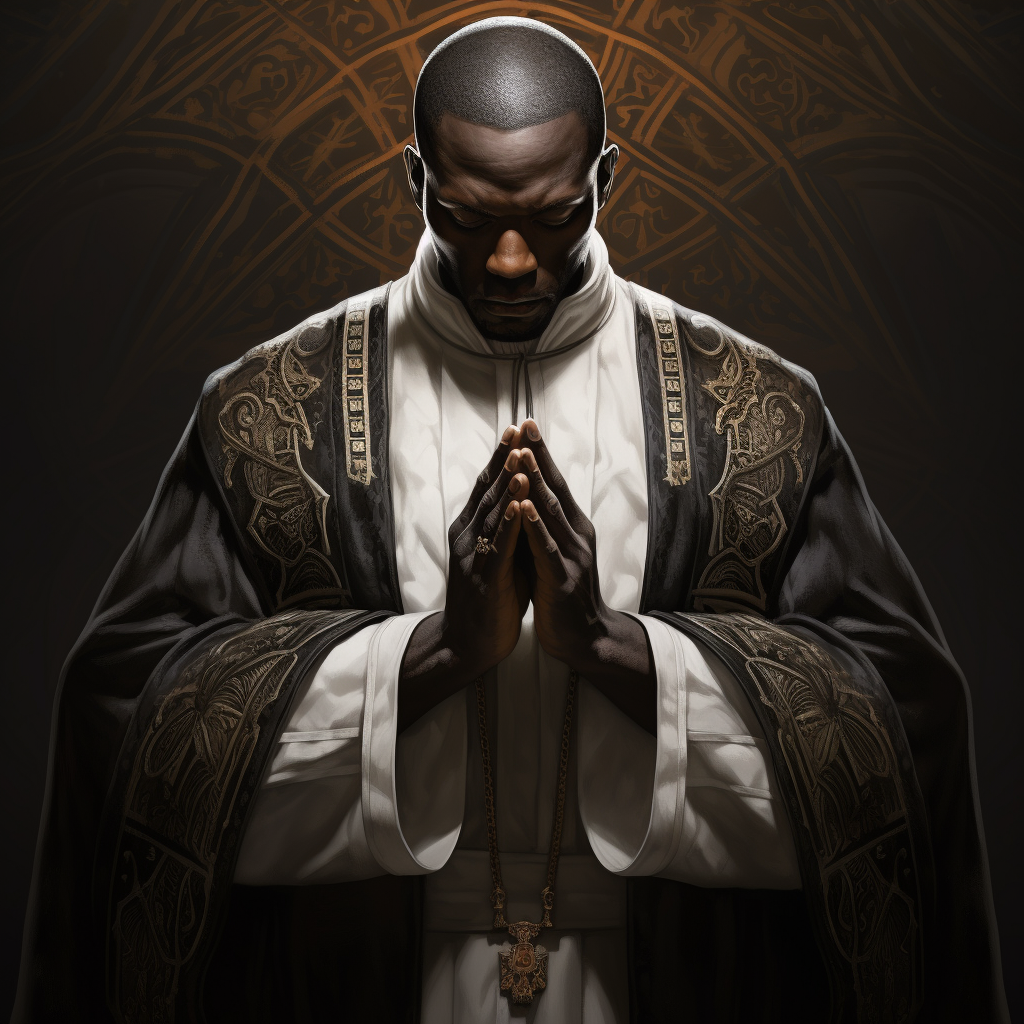 Black priest in medieval attire praying