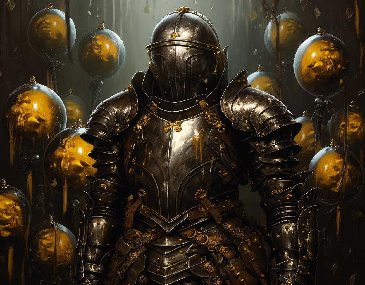 Medieval black steel armor with magical yellow orbs