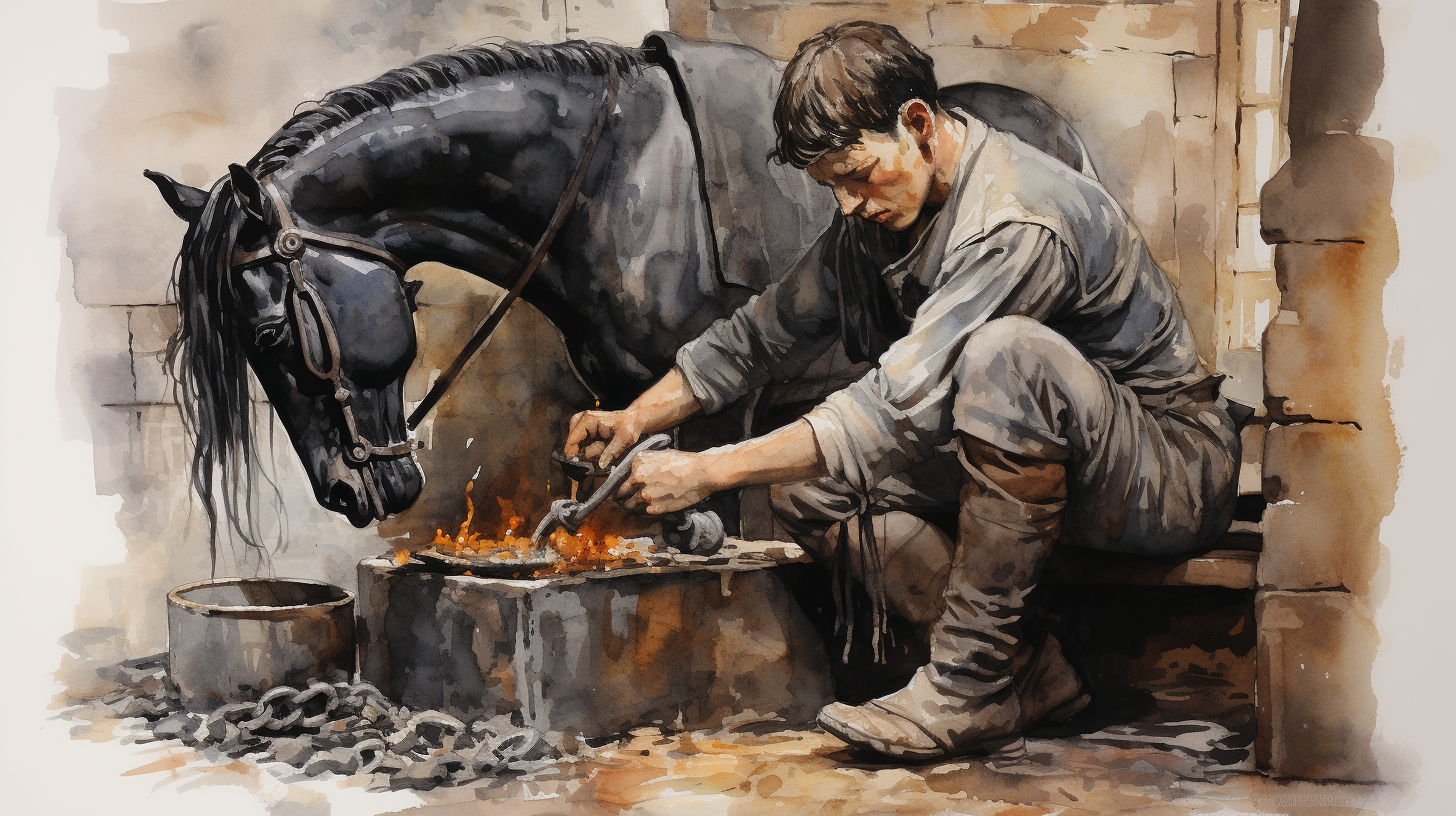 Blacksmith shoeing horse in medieval-style artwork