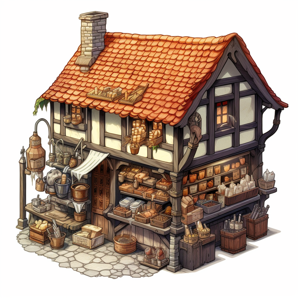 Isometric drawing of a medieval butcher shop