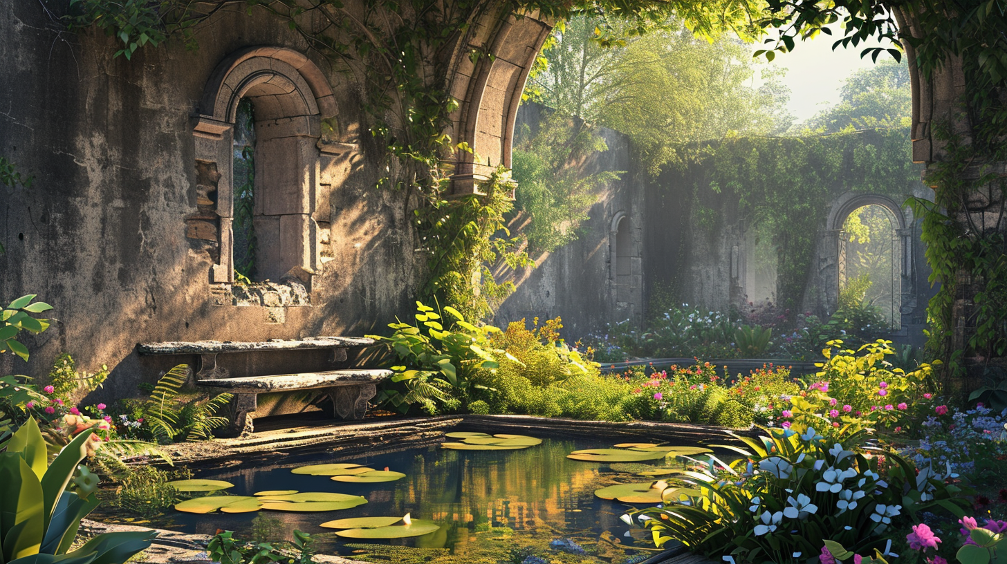 Serene medieval castle garden with pond