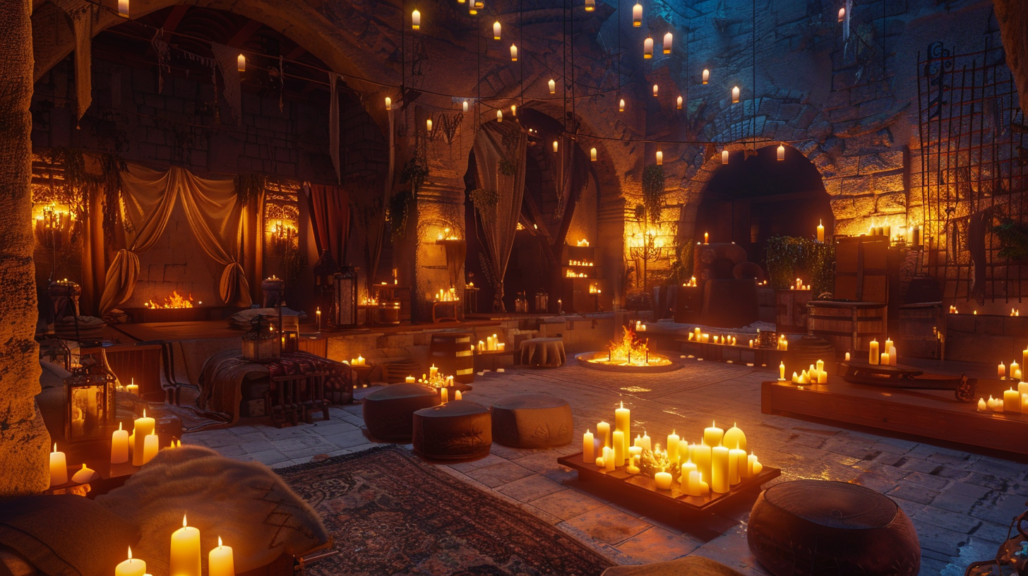 medieval castle room with candles, cozy furniture, warm light